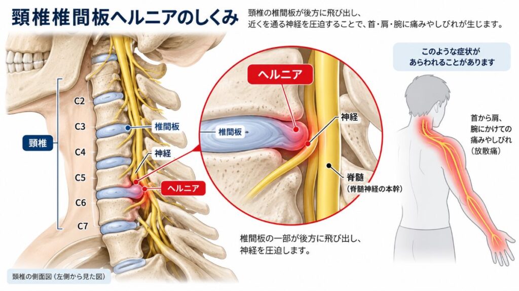 頚椎椎間板ヘルニアのしくみを示す図解。椎間板が神経を圧迫し、首から肩・腕に痛みやしびれが生じる仕組みを解説
