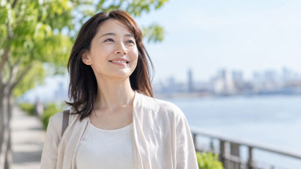 頚椎ヘルニアの症状が改善し、笑顔で屋外を散歩する女性