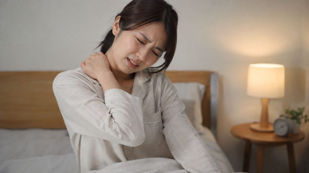 夜中に首や肩の痛みで目が覚め、つらそうな表情を見せる女性