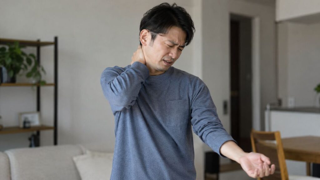 首から腕にかけてしびれや痛みを感じ、腕を伸ばして様子を見る男性