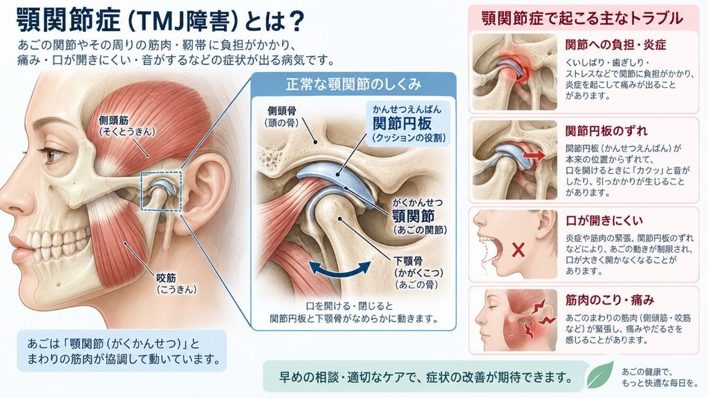 顎関節症(TMJ障害)の仕組みと関節円板のずれ・炎症など主なトラブルを示す医療イラスト