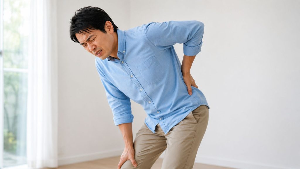 腰の痛みで前かがみになり腰に手を当てる男性のイメージ