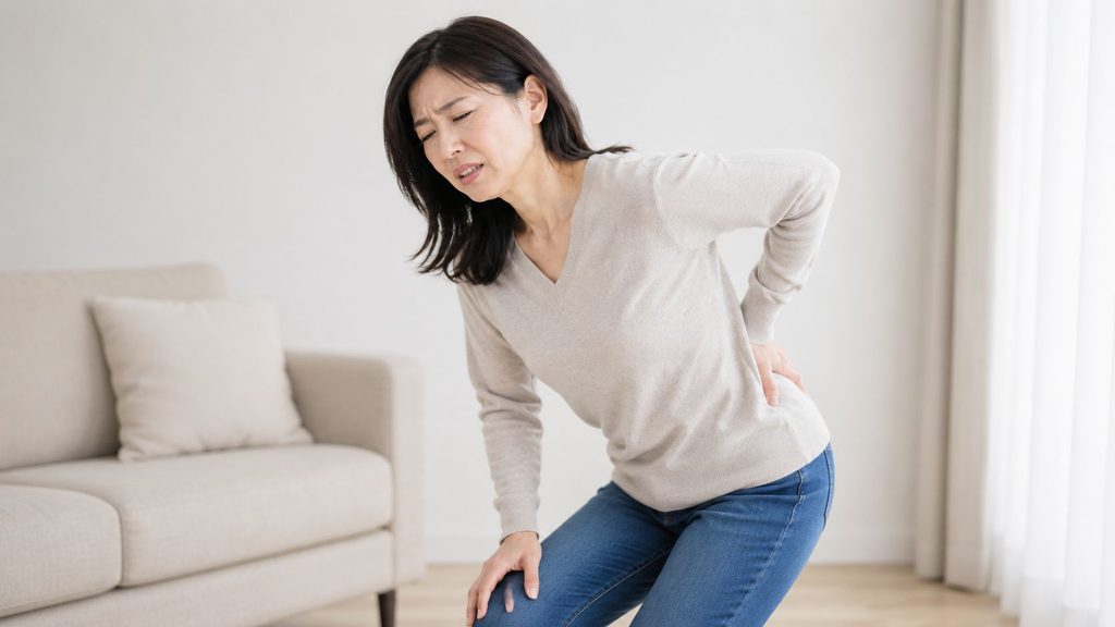 腰の痛みで膝に手をつき顔をしかめる女性のイメージ