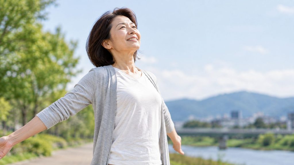 脊柱管狭窄症の症状が改善し、青空の下で腕を広げて笑顔を見せる女性