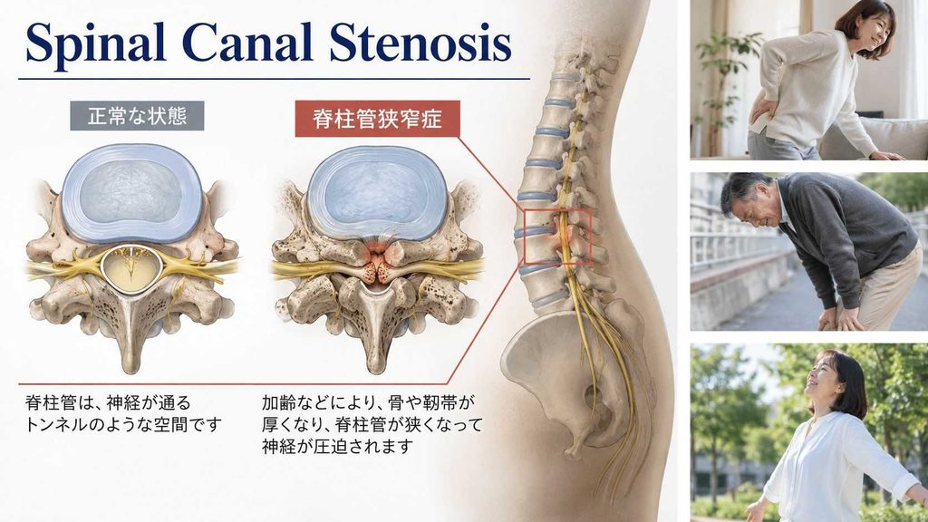 脊柱管狭窄症の仕組みを示す図解。正常な脊柱管と狭窄した脊柱管の断面比較、加齢による骨・靭帯の肥厚で神経が圧迫される様子