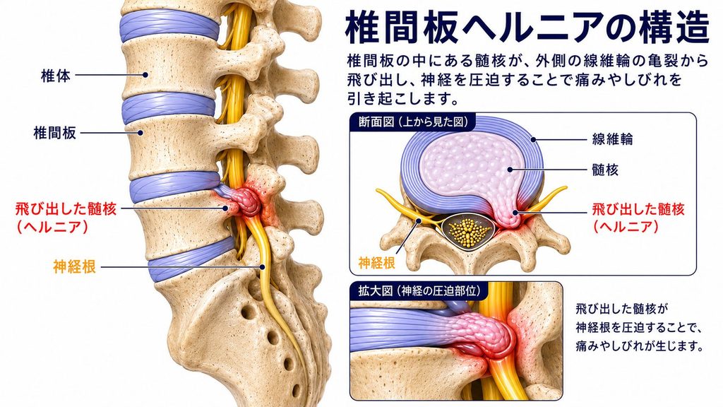 椎間板ヘルニアの構造を示す医学イラスト。椎体・椎間板・飛び出した髄核・神経根の位置関係と、神経が圧迫される仕組みを断面図で表す