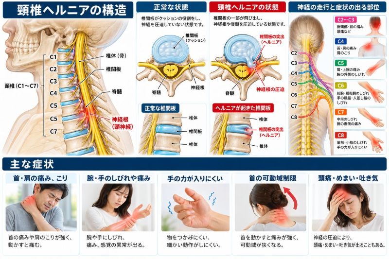 頚椎ヘルニアの構造と神経の走行、主な症状をまとめた図