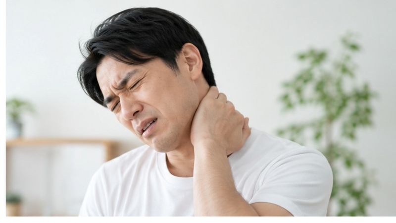 首から肩にかけての痛みで顔をしかめる男性