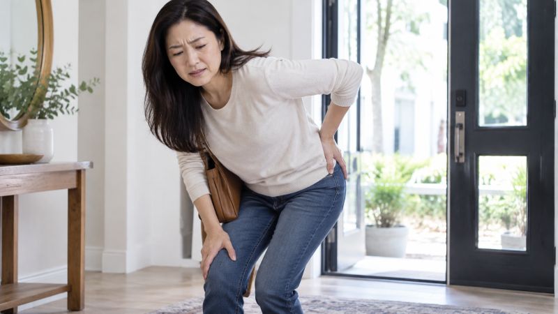 玄関で腰とももに手を当て、痛みに顔をしかめて前かがみになっている女性