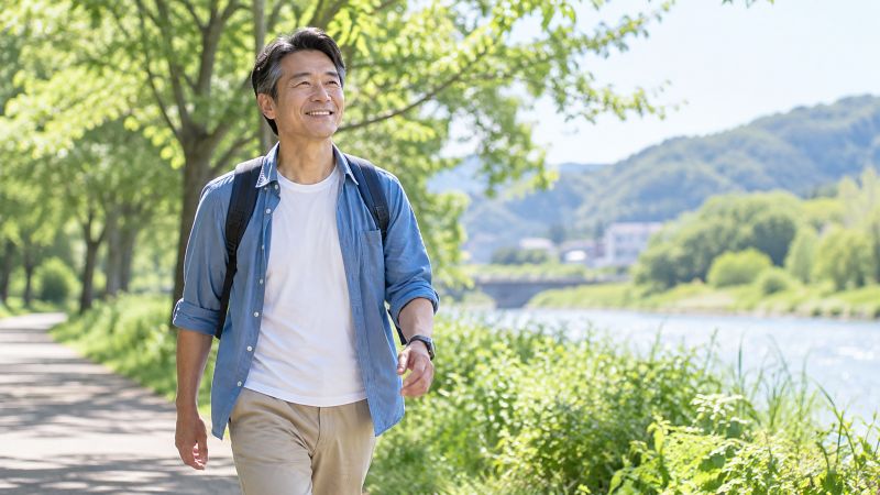 川沿いの遊歩道を笑顔で歩く中年男性