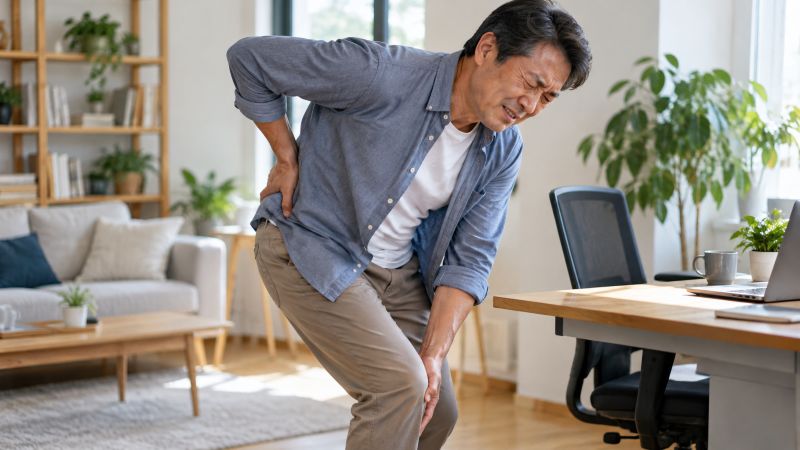 室内のデスクのそばで、腰とももに手を当てて痛みに顔をしかめ、前かがみになっている中年男性