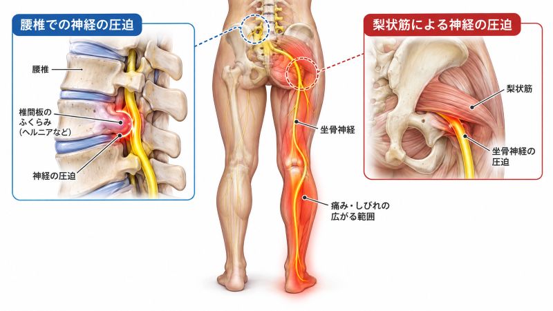 腰椎の椎間板のふくらみと、お尻の梨状筋が坐骨神経を圧迫するしくみを示した解剖図。痛みやしびれは脚からふくらはぎへ広がる