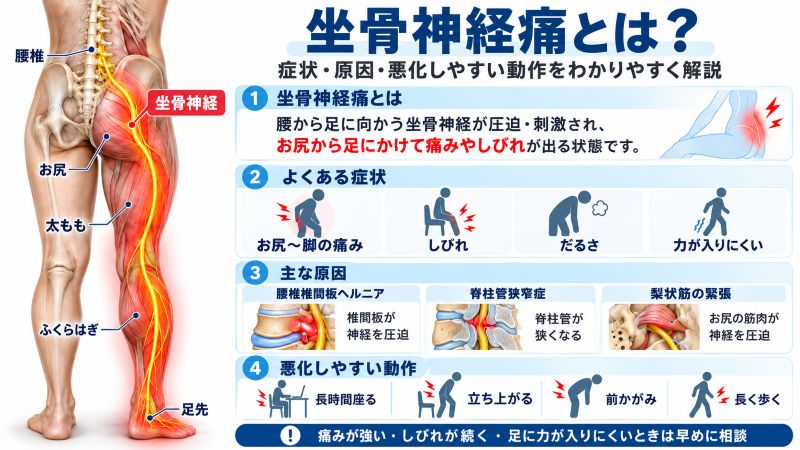 坐骨神経痛の症状、主な原因（腰椎椎間板ヘルニア・脊柱管狭窄症・梨状筋の緊張）、悪化しやすい動作をまとめた図解